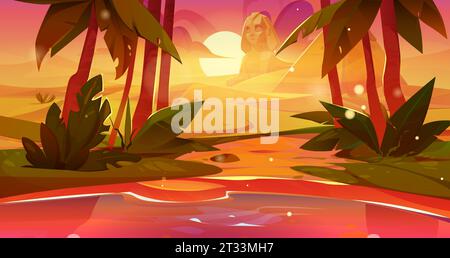 Egyptian desert landscape with oasis during sunrise or sunset. Cartoon vector landscape with lake and palm trees on skyline with pyramids and sphinx in sand. Summer african scene with ancient town. Stock Vector