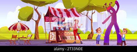 Woman buying food at burger stall in summer city park. Vector cartoon illustration of male seller giving order to female buyer, children playing near fast food shop, chair and table under umbrella Stock Vector