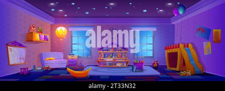 Kindergarten playroom at night. Vector cartoon illustration of large room with dark windows, toys and books on shelves, wooden house with slide, stars on ceiling, lamp light, nursery school play area Stock Vector