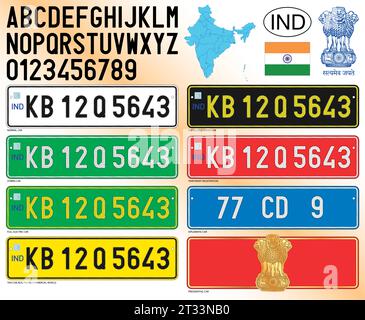 India country various car license plate patterns, letters, numbers and symbols, vector illustration, Republic of India Stock Vector