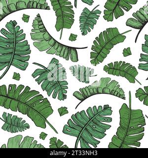 Vector green tropical palm leaves seamless pattern with jungle plants. Hand drawn exotic nature for wrapping, fabric Stock Vector