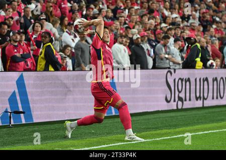 St. Louis, Missouri, USA. 21st Oct, 2023. St. Louis City SC defender JAKE NERWINSKI (2) throws the ball into play against Seattle Sounders FC at CityPark in St. Louis. (Credit Image: © Sven White/ZUMA Press Wire) EDITORIAL USAGE ONLY! Not for Commercial USAGE! Stock Photo