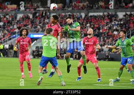 St. Louis, Missouri, USA. 21st Oct, 2023. St. Louis City SC forward NICHOLAS GIOACCHINI (11) and Seattle Sounders FC midfielder JOAO PAULO (6) leap to head the ball at CityPark in St. Louis. (Credit Image: © Sven White/ZUMA Press Wire) EDITORIAL USAGE ONLY! Not for Commercial USAGE! Stock Photo