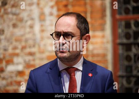 Kortrijk, Belgium. 23rd Oct, 2023. Kortrijk's mayor Vincent Van Quickenborne pictured during a press conference in Kortrijk regarding the mayorship on Monday 23 October 2023. BELGA PHOTO KURT DESPLENTER Credit: Belga News Agency/Alamy Live News Stock Photo