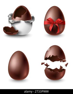 Realistic chocolate eggs, whole, broken, decorated with bow eggshell Stock Vector