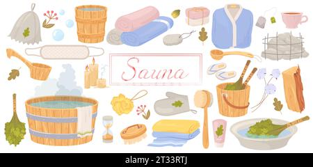 Sauna hygiene accessories, bath tools and equipment set Stock Vector