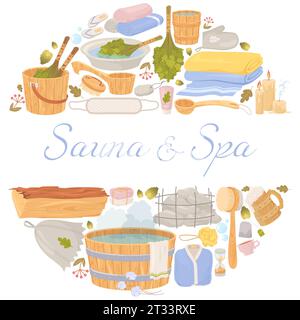 Sauna and spa advertising poster with different tools and equipment Stock Vector