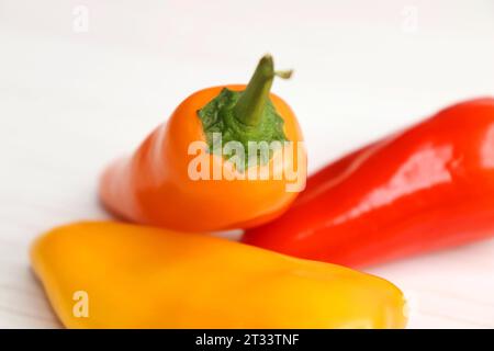 Vibrant chilli peppers. Assorted colorful varieties of hot and sweet peppers or chilies on a farm background. copy space. Stock Photo