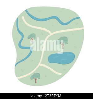 Cute hand drawn colored landscape illustrated map with a lake, blue river and green trees and light yellow road of sand. flat simple icons of nature. Stock Vector