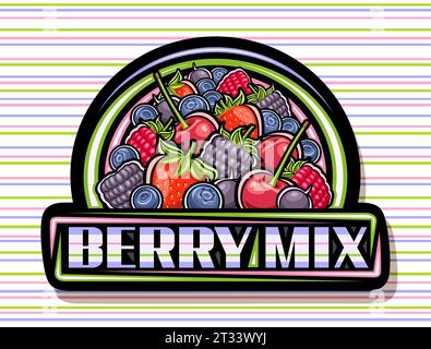 Vector logo for Berry Mix, black decorative sign with illustration of many assorted red and blue wild forest berries with stem, unique brush lettering Stock Vector