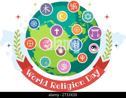 World Religion Day Vector Illustration on 17 January with Symbol Icons of Different Religions for Poster or Banner in Flat Cartoon Background Stock Vector