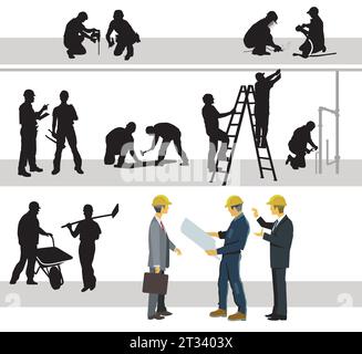 House building construction site with construction workers  illustration Stock Vector