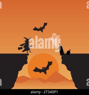 Halloween scene at sunset with witch, bats, ghosts and cemetery Stock Vector