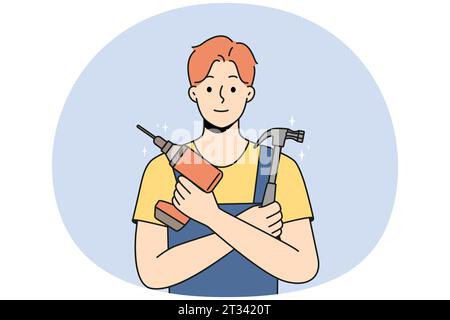 Smiling young male mechanic in uniform holding repairing tools in hands. Happy repairman or engineer with drill and hammer ready for fix. Vector illustration. Stock Vector