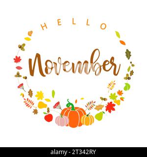 Hello November social media post. Greeting card design. Internet banner. Isolated elements. Autumn fruits and plants, red, yellow and orange leaves. Stock Vector