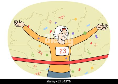 Running Contest Vector Smiling elderly woman cross finish line at running contest. Happy ...
