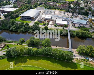 Aerial drone view of Worcester showing the River Severn, railway viaduct, & University of Worcester Arena sports venue. August 2023 Stock Photo