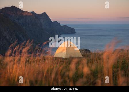 Tent on coastal mountain at sunset, Moskenesoya, Lofoten, Norway Stock Photo