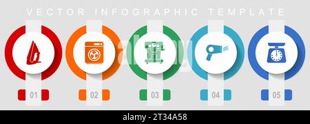Household appliances flat design icon set, miscellaneous icons such as iron, dryer, coffee maker adn kitchen scale, vector infographic template, web b Stock Vector