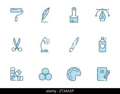 art tools line icons in two colors Stock Vector