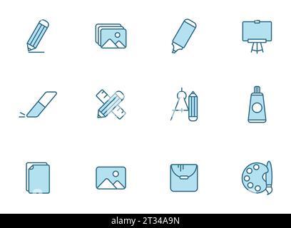 art tools line icons in two colors Stock Vector