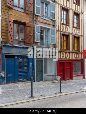 Distinctive, half-timbered, terraced houses on Rue Raspail, in Limoges, in the Nouvelle-Aquitaine region of France. Stock Photo