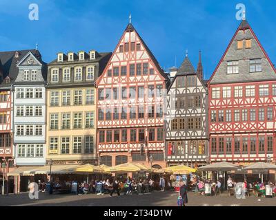 Half timbered buildings on Romerberg in the old town of Frankfurt am Main, Hesse, Germany Stock Photo