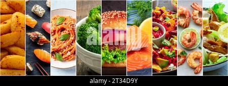 Food collage layout. A variety of dishes, a collection for a restaurant banner. International cuisine. Burger, salad and plates of Italian, Mexican, American cooked meals Stock Photo