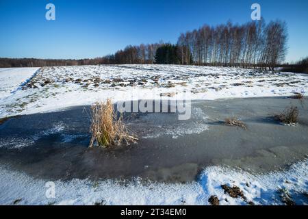 Frozen water and snow on a farm field, view on a sunny winter day, Zarzecze, eastern Poland Stock Photo