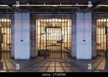 A prison hallway showcasing rows of cells. Hallway of the modern loft jail. A block with a zone of single person cells, dedicated to the dangerous cri Stock Photo