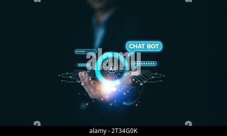 AI Chatbot. Businessman using artificial intelligence with command prompt for generate. Technology links information digital marketing, innovation fut Stock Photo