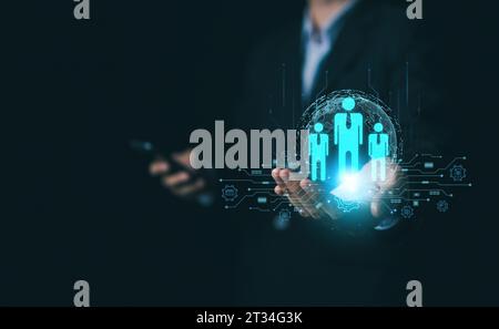Customer relationship management, CRM. Businessman use smartphone with global structure customer internet network technology. Human Resource, HR. Cust Stock Photo