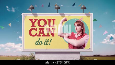 Motivational empowerment ad with woman showing her bicep: you can do it! Stock Photo