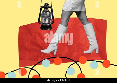 Collage image of black white effect cropped girl legs high heels boots walk snowglobe gas lamp garland lights isolated on beige background Stock Photo