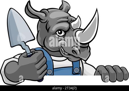 Rhino Bricklayer Builder Holding Trowel Tool Stock Vector