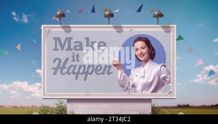 Confident vintage style businesswoman and motivational quote on billboard advertisement: make it happen Stock Photo