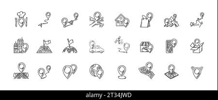 Location pins icon set. Doodle sketch restaurant, home, store, office, post, market, hiking path, car service, pizza delivery location Stock Vector