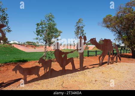 Metal sculptures depicting the 1906 Alfred Canning expedition to map the Canning Stock Route, Wiluna, Western Australia, Australia Stock Photo
