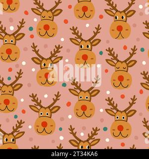 Christmas reindeer character seamless pattern on pink with confetti, reindeer with different emotions. Christmas deer pattern, deer character for kids. Vector illustration Stock Vector
