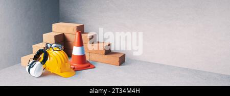 Manual worker tools, safety equipment and bricks: contractors and construction workers concept Stock Photo