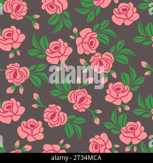 Vintage pattern with pink roses and leaves on brown background. Retro flowers pattern. Vector illustration Stock Vector