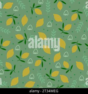 Vector seamless pattern with lemons, doodles on green background. Retro vibes fruits pattern, vintage kitchen background. Vector illustration Stock Vector
