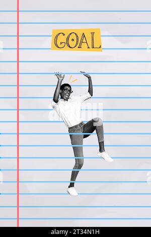 Vertical collage image of impressed mini black white effect person stuck between striped copybook page lines goal target Stock Photo
