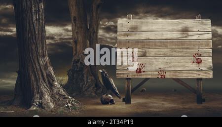 Old weathered wooden sign in the forest with bloody handprints and crow on a skull: horror and Halloween concept Stock Photo