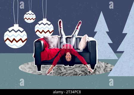 Creative collage of excited girl sit upside down couch have good mood hanging bauble ball new year tree toys isolated on painted background Stock Photo