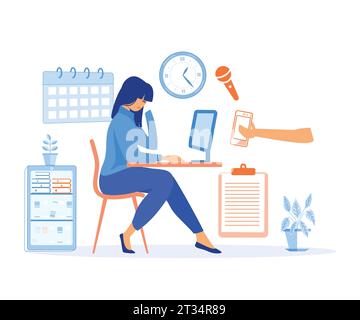 Multitasking and Time Management Concept. Business woman surrounded by hands with office things. flat vector modern illustration Stock Vector