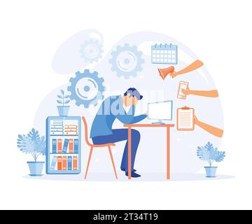 Multitasking and Time Management Concept. Businessman surrounded by hands with office things. flat vector modern illustration Stock Vector