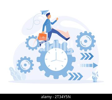 Time management, control. Businessman run along gear in form of clock. Organization of process. flat vector modern illustration Stock Vector