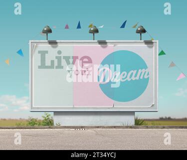 Inspirational and motivational advertisement on large vintage style billboard: live your dreams Stock Photo