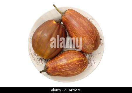 Various farming eggplants in a plate. Isolate on a white background. Eggplants in country style. Top view. Stock Photo